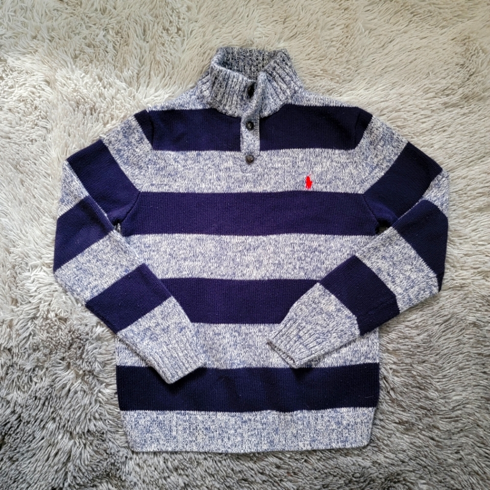 Boys Polo Henley Sweater Size Large(14/16) Cotton Navy Blue striped